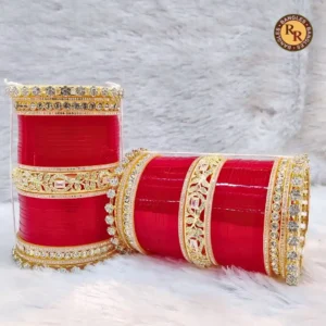 Red Punjabi Bridal Chura Set Heavy Gold Kundan Floral Cutwork Crystal Border Complete Both Hands Wholesale Supplier Jaipur