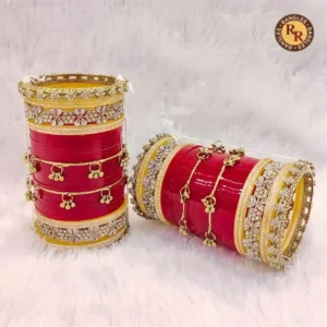 Red Rajwadi Bridal Chura Set | CZ Stone Floral & Hanging Ghungroo Drop Embellished Royal Rajwadi Chura | Wedding & Bridal Wear Wholesale Chura Set