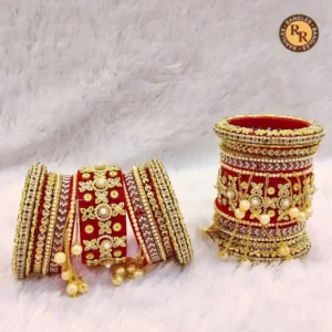 Red Rajwadi Bridal Chura Set | Kundan Floral & Hanging Gold Jhumka Drop Embellished Royal Rajwadi Chura | Wedding & Bridal Wear Wholesale Chura Set