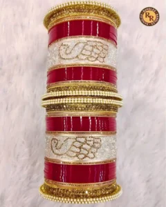 Red & White Paisley Punjabi Bridal Chura Set | Paisley Pattern Embossed Gold Border Traditional Punjabi Chura | Wedding & Bridal Wear Wholesale Chura Set