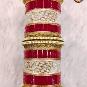 Red & White Paisley Punjabi Bridal Chura Set | Paisley Pattern Embossed Gold Border Traditional Punjabi Chura | Wedding & Bridal Wear Wholesale Chura Set