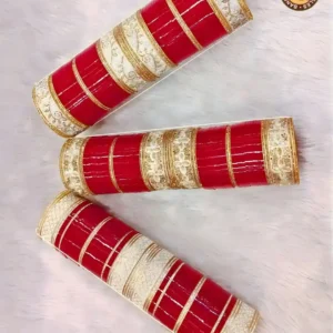 Red & White Zari Lace Punjabi Bridal Chura Set | Gold Zari Border Embellished Traditional Punjabi Chura | Wedding & Bridal Wear Wholesale Chura Set