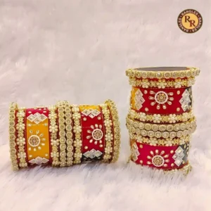 Red & Yellow Dual Color Rajwadi Bridal Chura Set | Large Kundan Medallion & Pearl Border Embellished Royal Rajwadi Chura | Wedding & Bridal Wear Wholesale Chura Set