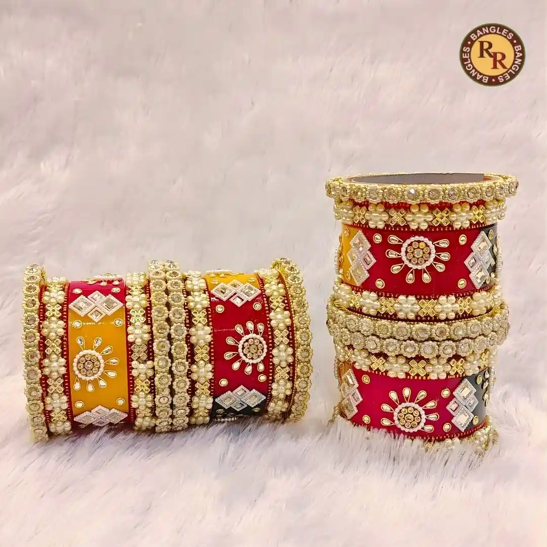 Red & Yellow Dual Color Rajwadi Bridal Chura Set | Large Kundan Medallion & Pearl Border Embellished Royal Rajwadi Chura | Wedding & Bridal Wear Wholesale Chura Set