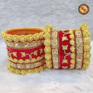 Royal Red Bridal Chura Set | Heavy Gold Butterfly Motif Square Mirror Crystal Crown Border | Complete Both Hands | Wholesale Supplier Jaipur
