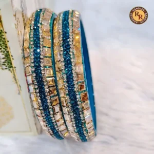 Teal Peacock Blue Lac Bangle Set of 2 Champagne Square Mirror Teal Crystal White Rhinestone Wholesale Supplier Jaipur