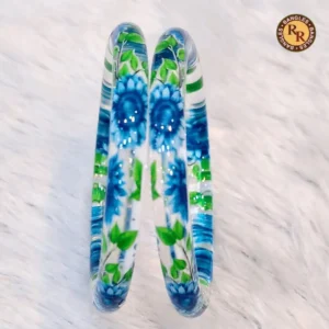 Transparent Glass Bangles | Blue Sunflower Green Leaf Hand Printed Design | Wholesale Supplier Jaipur