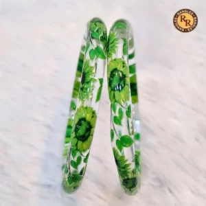 Transparent Glass Bangles | Green Sunflower Leaf Vine Hand Printed Design | Wholesale Supplier Jaipur