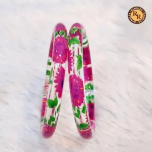 Transparent Glass Bangles | Pink Floral Green Leaf Hand Printed Design | Wholesale Supplier Jaipur