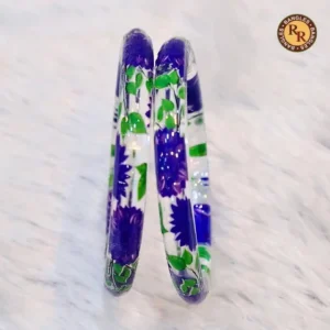 Transparent Glass Bangles | Purple Violet Floral Green Leaf Hand Printed Design | Wholesale Supplier Jaipur