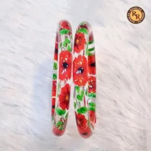 Transparent Glass Bangles | Red Poppy Floral Green Leaf Hand Printed Design | Wholesale Supplier Jaipur