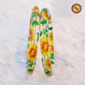 Transparent Glass Bangles | Yellow Sunflower Green Leaf Hand Printed Design | Wholesale Supplier Jaipur