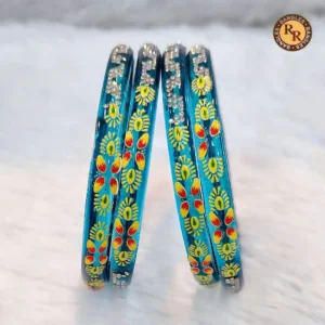 Turquoise Glass Bangle Set of 4 | Yellow Green Floral Sunburst Red Tulip Folk Art Crystal | Wholesale Supplier Jaipur