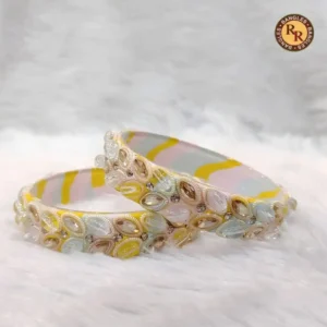 White Yellow Striped Glass Bangle Set | Pastel Shell & Pearl Embellished Bohemian Glass Bangles | Bridal & Festive Wear Wholesale Bangles