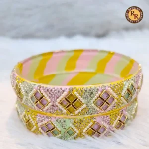Yellow Pink Striped Lac Bangle Set of 2 Pastel Mirror Tile Crystal Pearl Work Wholesale Supplier Jaipur