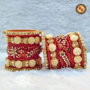 Rajwadi Red Bridal Chura Set | Antique Gold Coin Medallion Kundan Meenakari Crystal | Complete Both Hands | Wholesale Supplier Jaipur