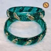 Emerald Teal Glass Bangle Set of 2 | Crystal Leaf Motif Teal Seed Bead Gold Accent | Wholesale Supplier Jaipur